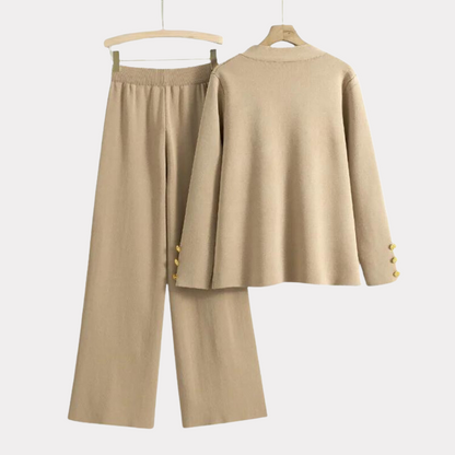 Dam Koftabyxor Set V-ringning Tygblandning Vid Ben-2