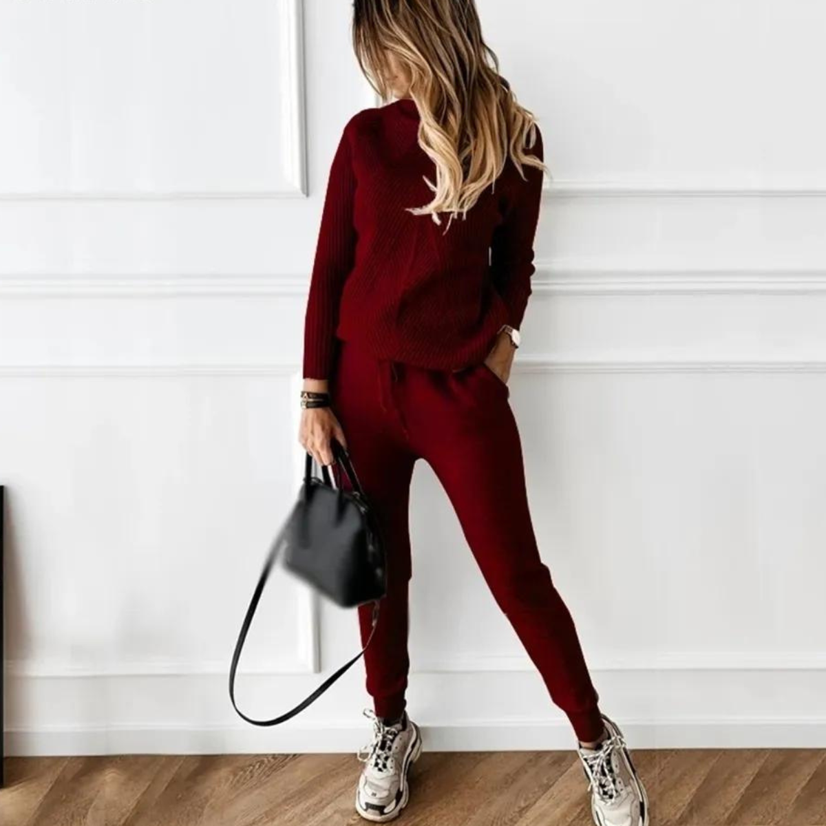 Dam Loungewear Set Randig Turtleneck och Elastiska Byxor Mjuk Blandning 6
