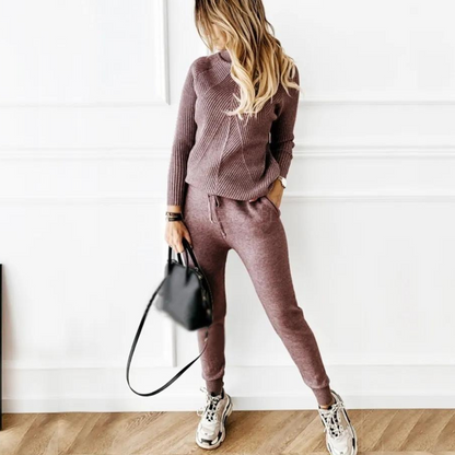 Dam Loungewear Set Randig Turtleneck och Elastiska Byxor Mjuk Blandning 13