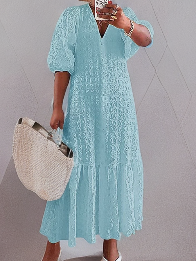 Damklänning Fritidsklänning med Vikta Knappar i Mjuk Tyg-1