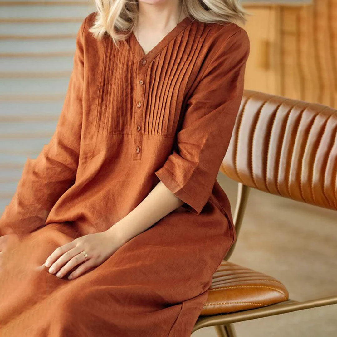 Kvinnor Apelsinklänning Avslappnad Design Bomull Linne-3