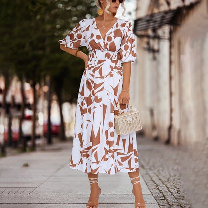 Kvinnors Midi Klänning V-ringning Polyester med Puffiga Ärmar-2