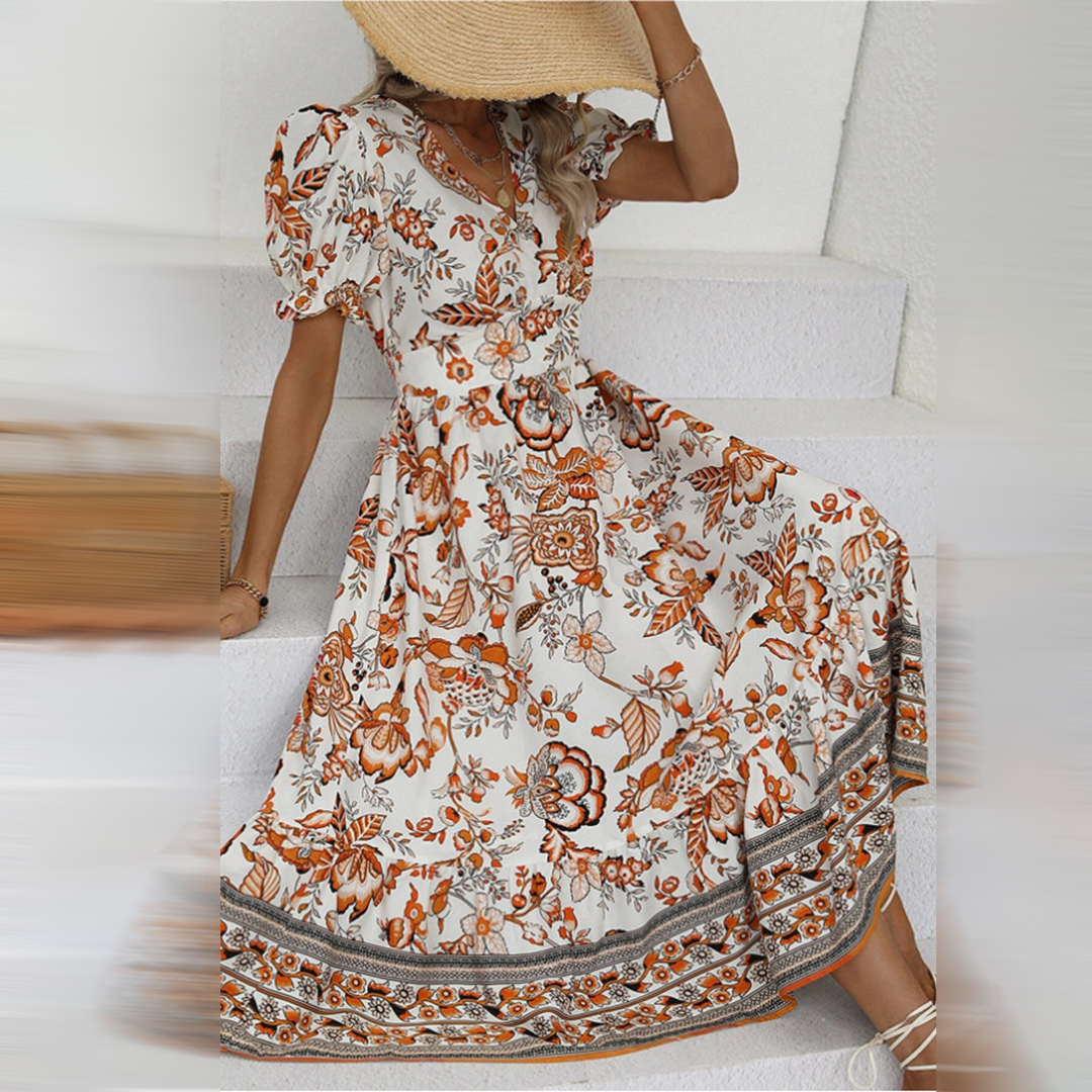 Variant image for Dam Blomklänning A-linje V-hals Polyester med Puffärmar-1