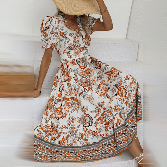 Dam Blomklänning A-linje V-hals Polyester med Puffärmar-1