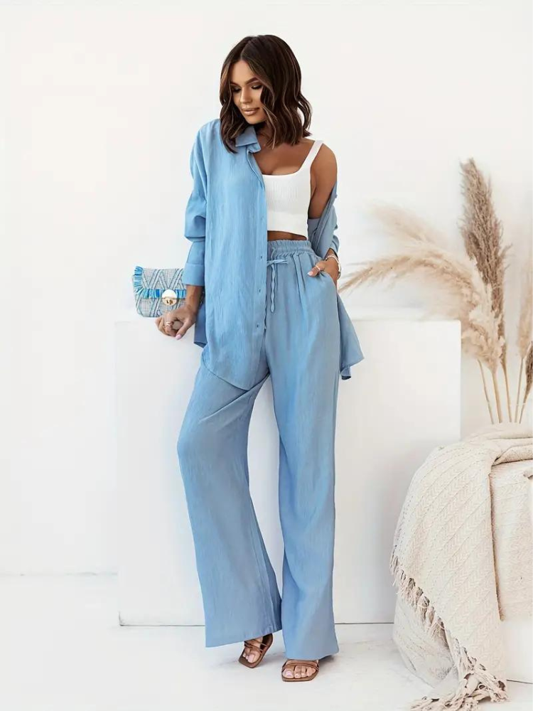 Variant image for Tvådelat Set Dam Skjorta och Bredbyxor Hög Midja Polyester-21