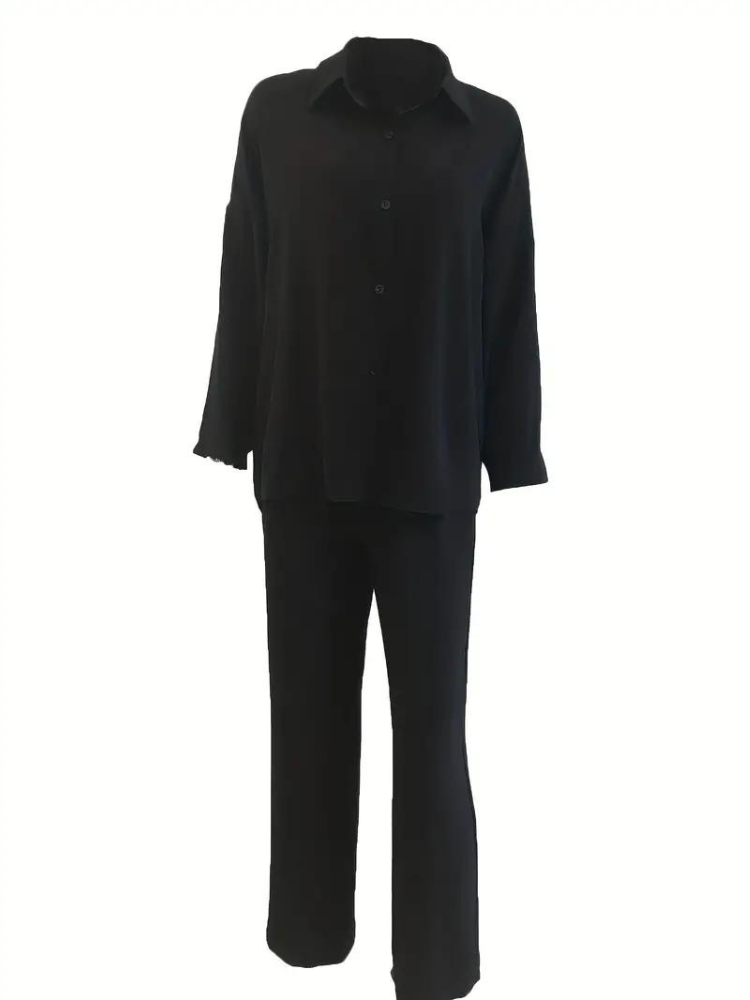 Tvådelat Set Dam Skjorta och Bredbyxor Hög Midja Polyester-3