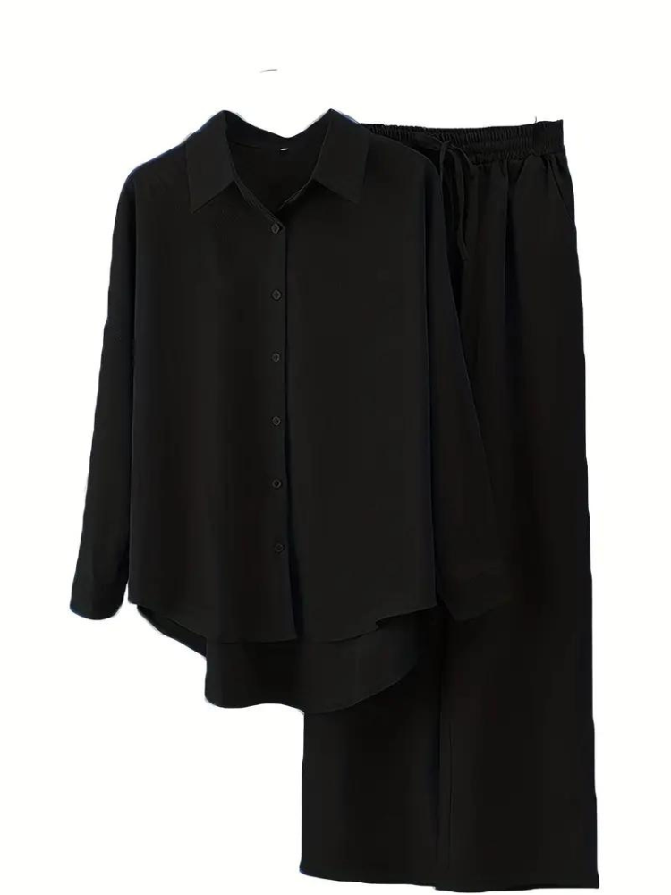 Tvådelat Set Dam Skjorta och Bredbyxor Hög Midja Polyester-4
