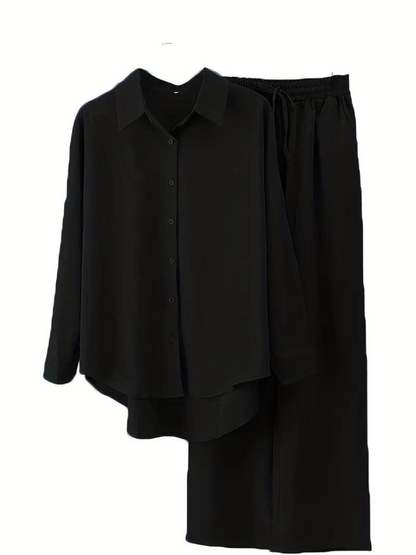 Tvådelat Set Dam Skjorta och Bredbyxor Hög Midja Polyester-4