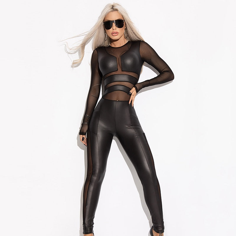 Dam Jumpsuit Transparent Mesh Polyester Långärmad-1