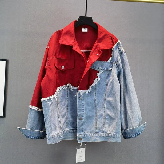 Damjacka Överdimensionerad Denim Patchwork Design 1