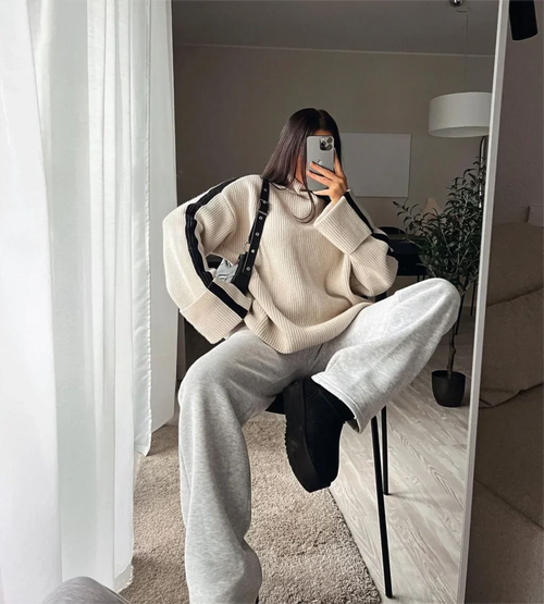 Stickad Dam Tröja Löst Fit Turtleneck Mjuk Material-1
