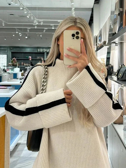 Stickad Dam Tröja Löst Fit Turtleneck Mjuk Material-2