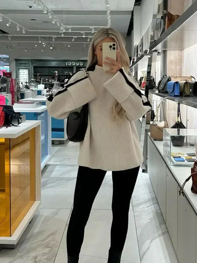 Stickad Dam Tröja Löst Fit Turtleneck Mjuk Material-3