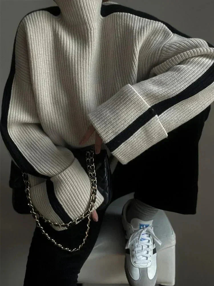 Stickad Dam Tröja Löst Fit Turtleneck Mjuk Material-4
