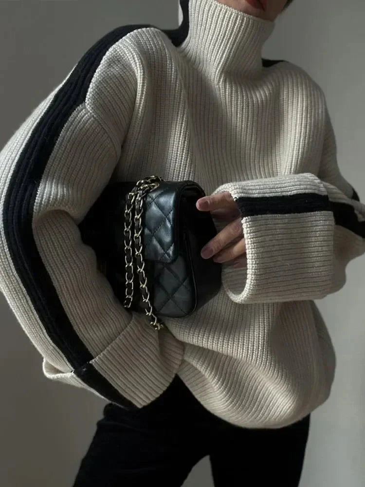 Stickad Dam Tröja Löst Fit Turtleneck Mjuk Material-5