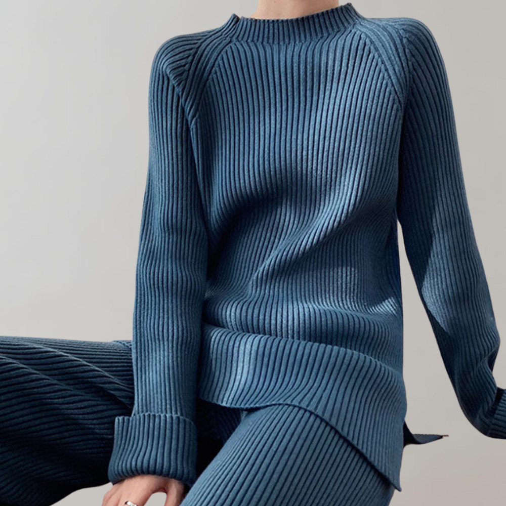 Kvinnors Tvådelad Uppsättning Ribbad Tröja och Byxor Ribbade Tyger-1