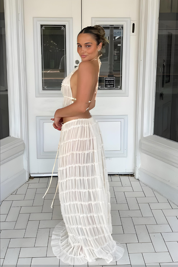 Dam Tvådelad Outfit Halter Cutout Crop-Top och Högmidjade Byxor Polyester-3