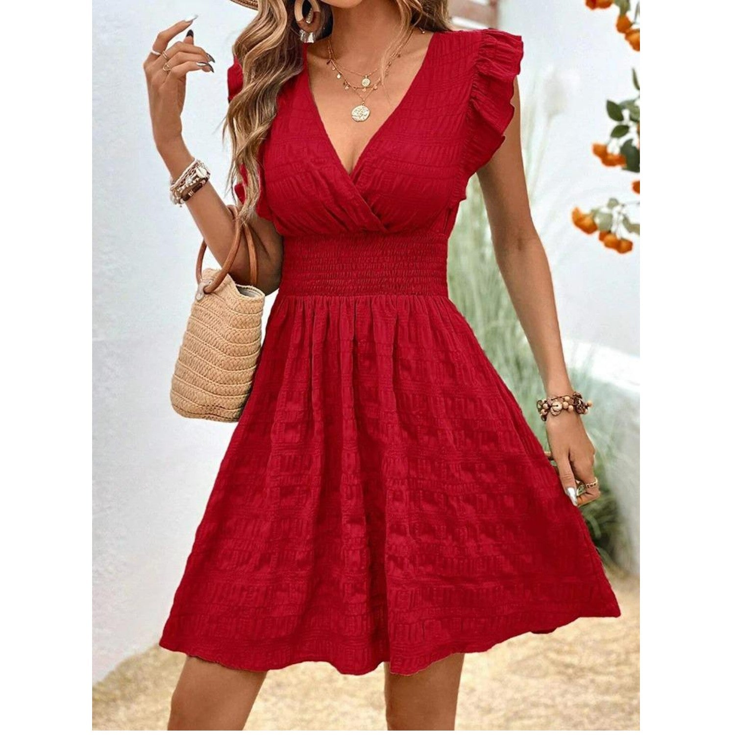 Kvinnors V-ringad Klänning Med Ruffles Andningsbart Material-1