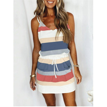 Variant image for Sommarklänning Dam Lätt Randig V-Ringning Andningsbart Tyg-9