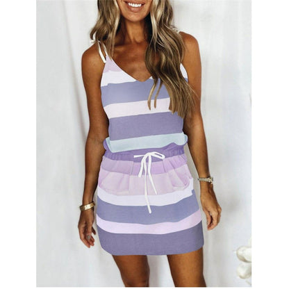 Sommarklänning Dam Lätt Randig V-Ringning Andningsbart Tyg-5