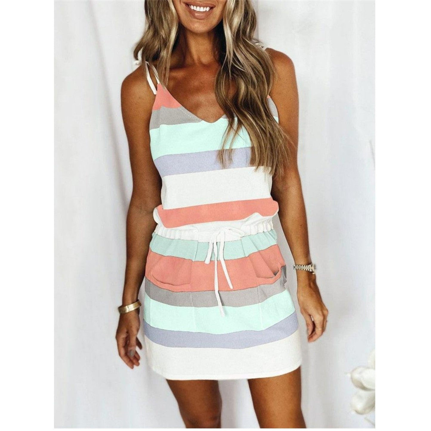 Sommarklänning Dam Lätt Randig V-Ringning Andningsbart Tyg-6