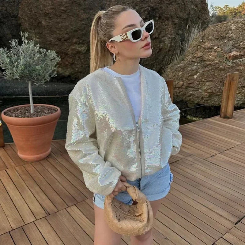 Damjacka Urban Stil i Skimrande Polyester – Trendig Jacka för Vardags och Fest, Normal Passform, S-XL 7