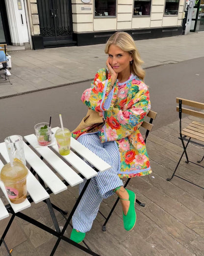 Damjacka Lång Parkajacka Blommönster Polyester och Bomull-3