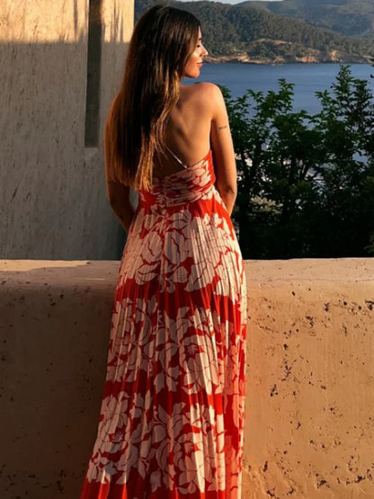 Damklänning Lång Veckad Öppen Rygg Hög Midja Polyester-2