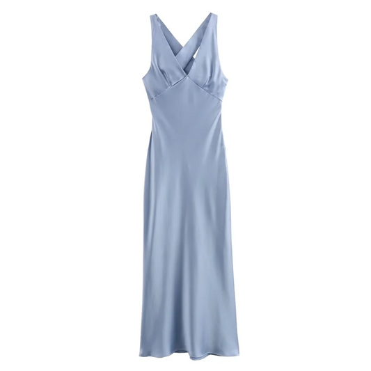 Dam Klänning Lång Slim Fit Siden Satin V-Hals Elegant 1