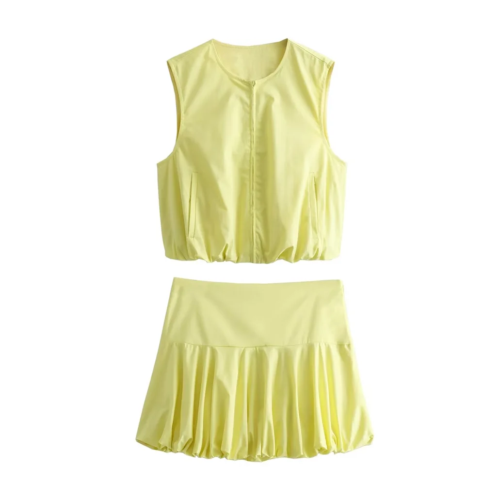 Dam Set Ärmlös Kofta Högmidjad Kjol 100% Bomull 7