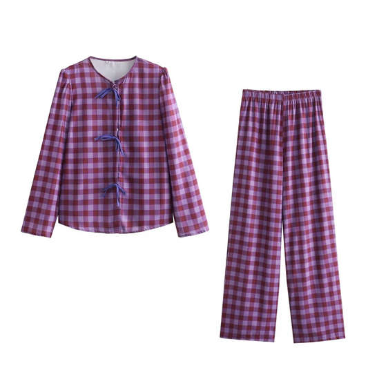 Herr Rutig Skjorta Bredbyxor Polyester Normal Passform-1