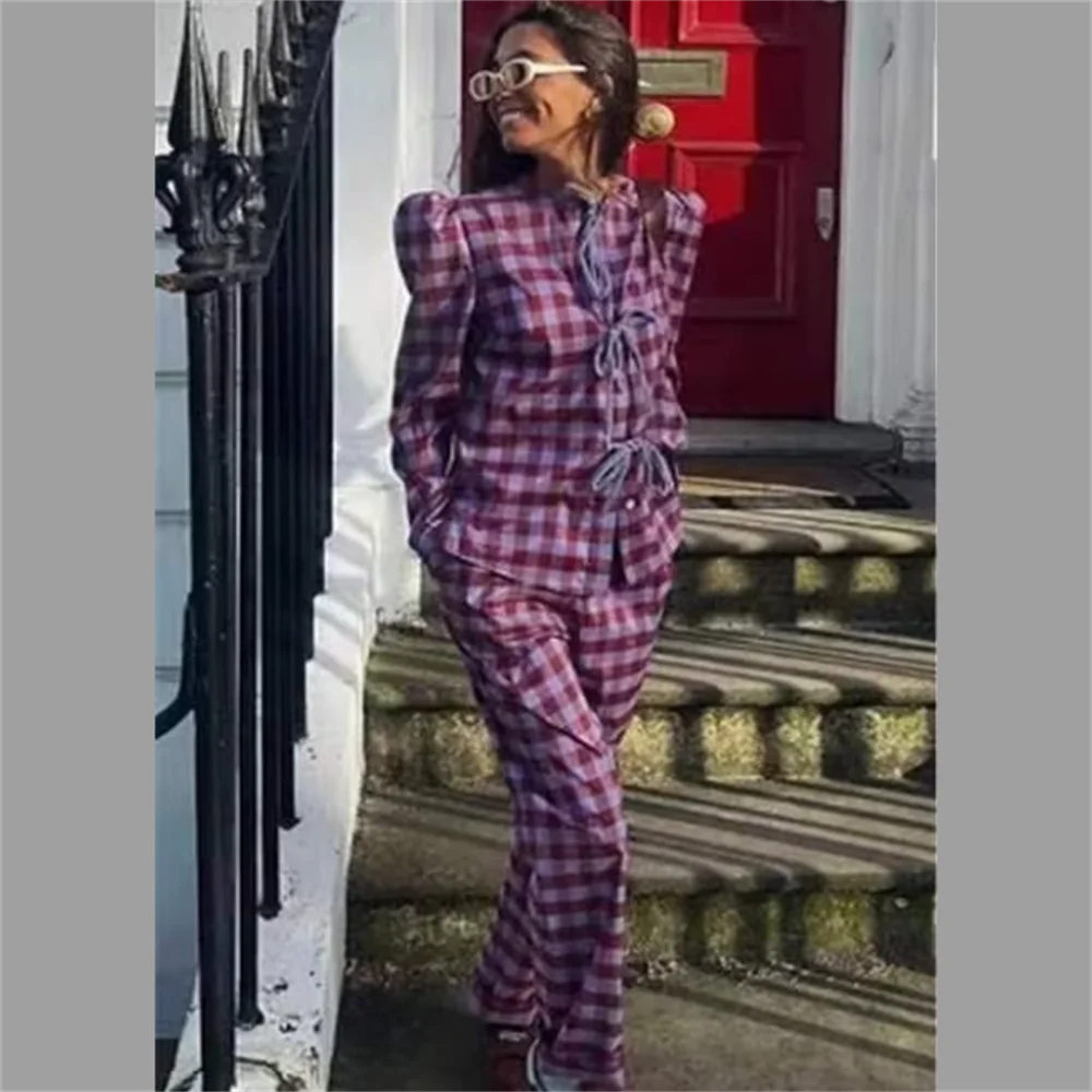 Herr Rutig Skjorta Bredbyxor Polyester Normal Passform-3