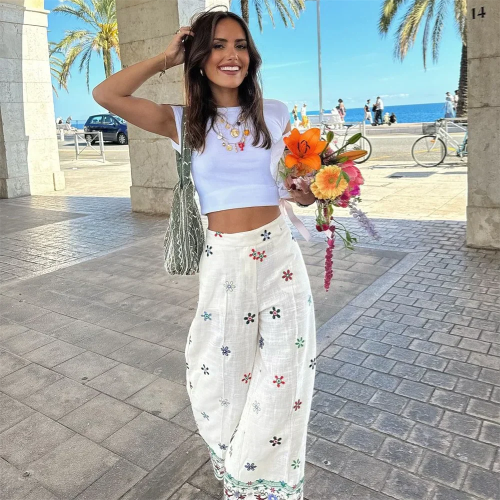 Dam Fritidsbyxor Löst Passform Blommig Broderad 100% Bomull-6