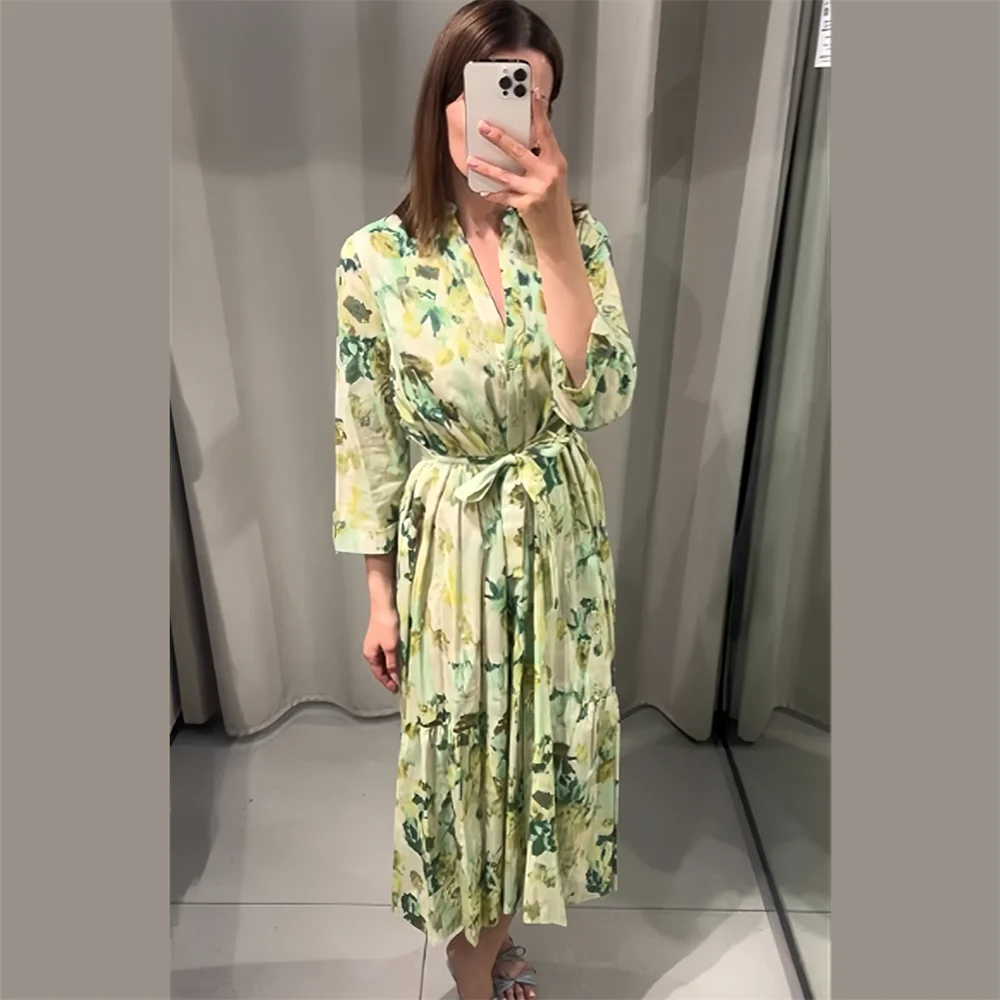 Dam V-ringad Topp Tryckt Polyester 2