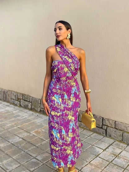 Dam Blus Sluttande Axel Tryckt Polyester Smal Passform-6