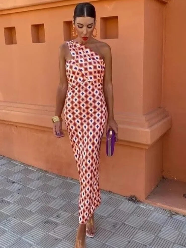 Dam Blus Sluttande Axel Tryckt Polyester Smal Passform-4