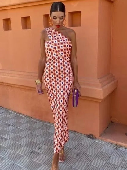 Dam Blus Sluttande Axel Tryckt Polyester Smal Passform-4