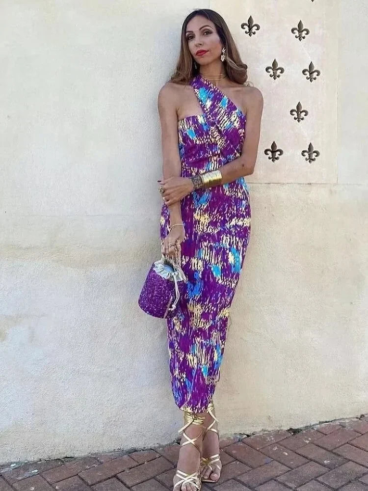 Dam Blus Sluttande Axel Tryckt Polyester Smal Passform-3