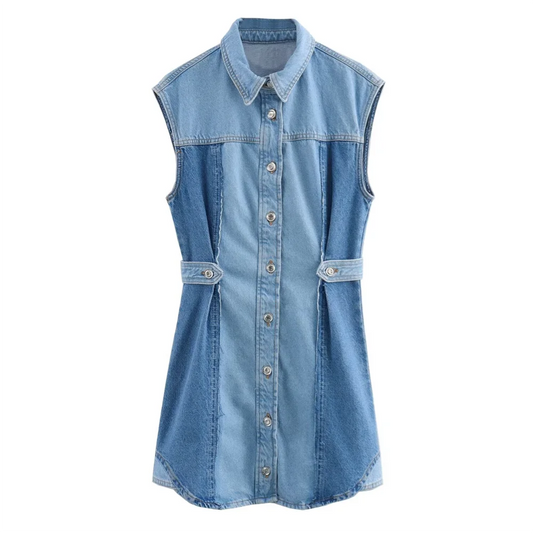 Dam Kort Ärmlös Denim Topp Avslappnad Stil Denim-1