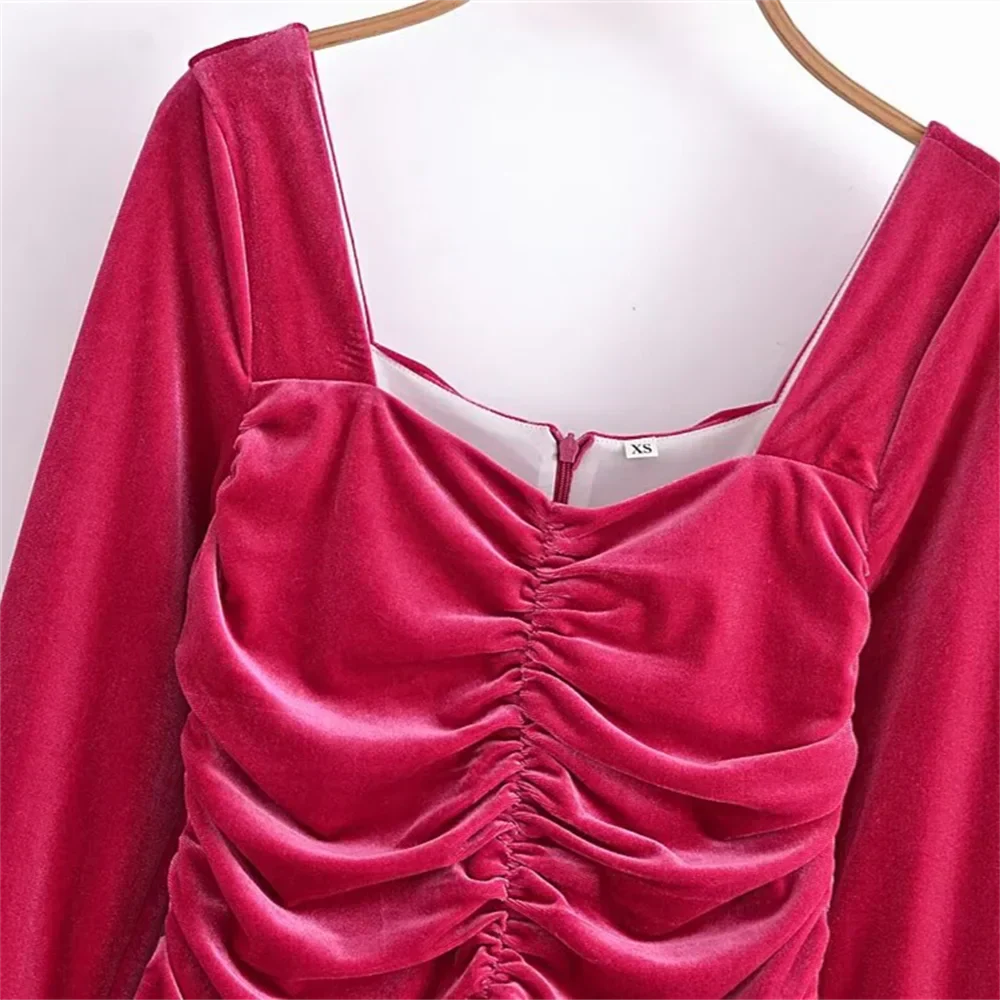 Fina Dam Klänningar Veckad Sammet Smal Passform-2