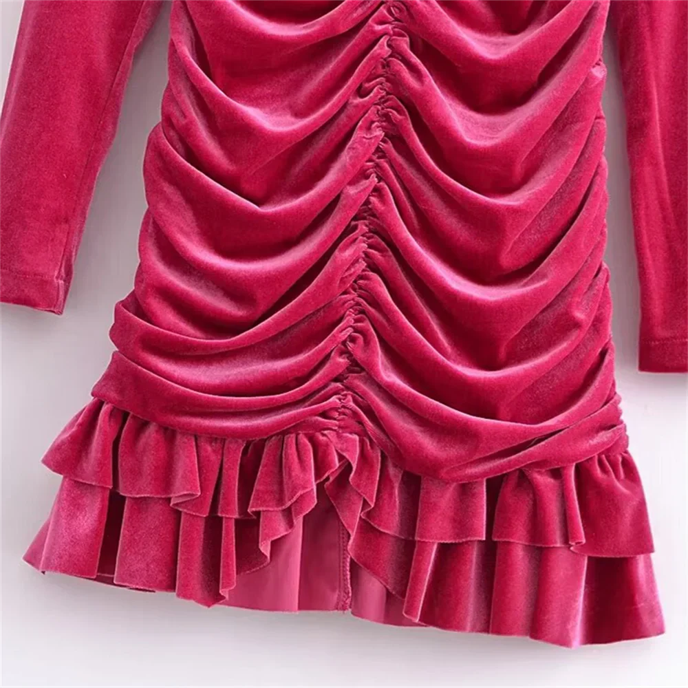 Fina Dam Klänningar Veckad Sammet Smal Passform-3