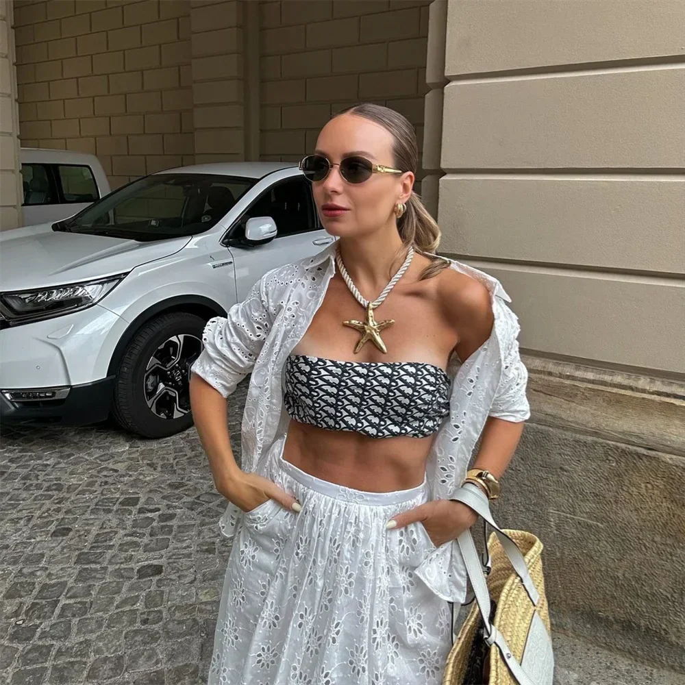 Dam 2-delad Set Broderad Blus och Byxor i Lätt Bomull för Sommarkläder-5