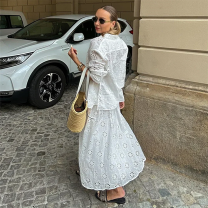 Dam 2-delad Set Broderad Blus och Byxor i Lätt Bomull för Sommarkläder-3