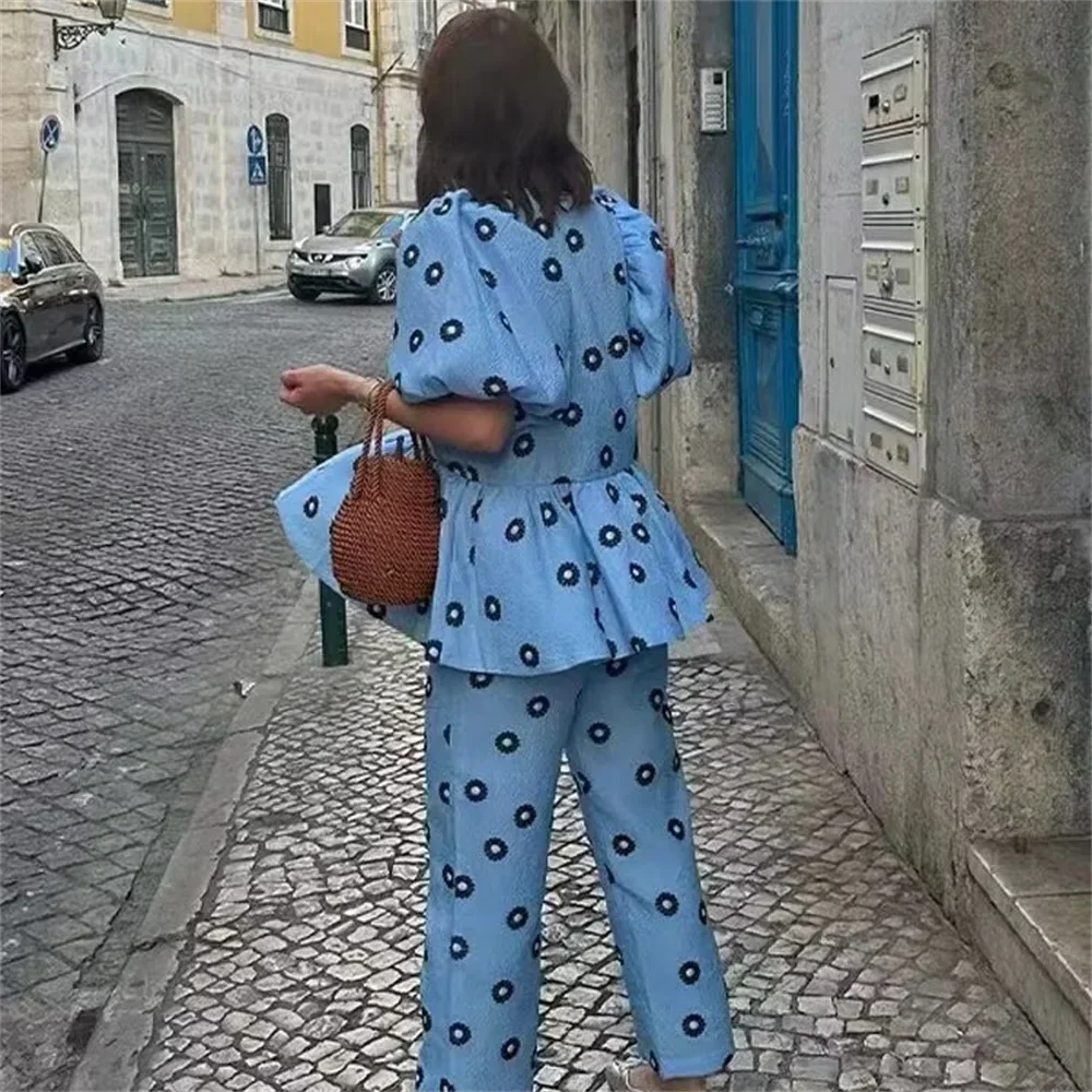 Dam Casual Set Tryckt Skjorta Bredbenade Byxor 100% Bomull-2