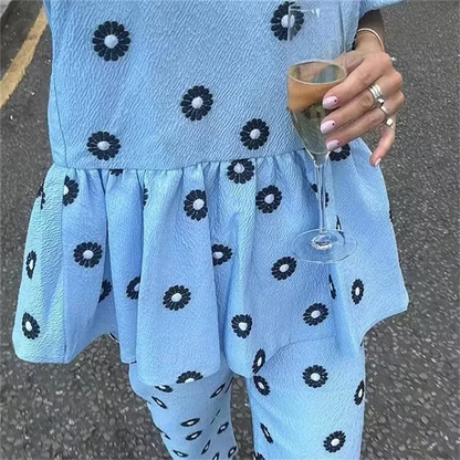 Dam Casual Set Tryckt Skjorta Bredbenade Byxor 100% Bomull-3