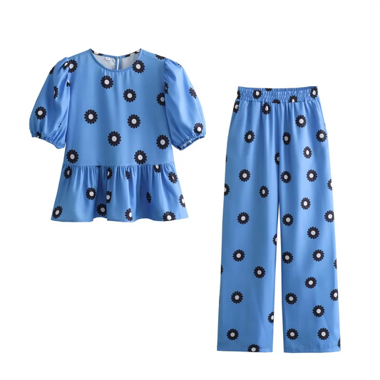 Dam Casual Set Tryckt Skjorta Bredbenade Byxor 100% Bomull-1