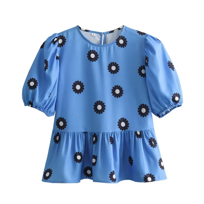 Dam Casual Set Tryckt Skjorta Bredbenade Byxor 100% Bomull-4