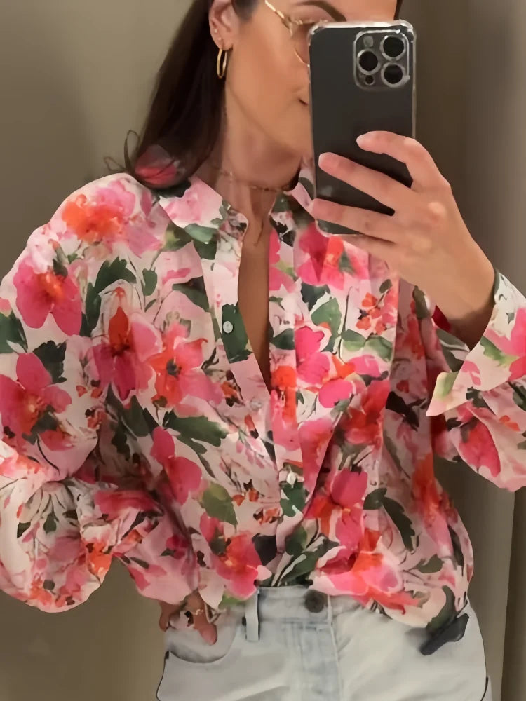 Dam Blommig Topp Avslappnad 100% Bomull-2