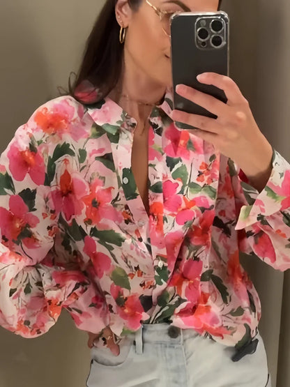 Dam Blommig Topp Avslappnad 100% Bomull-2