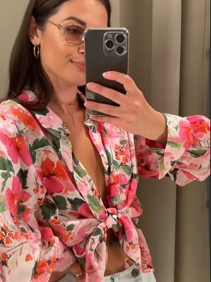 Dam Blommig Topp Avslappnad 100% Bomull-4